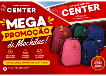 Mochilas em promoção na Center Papelaria