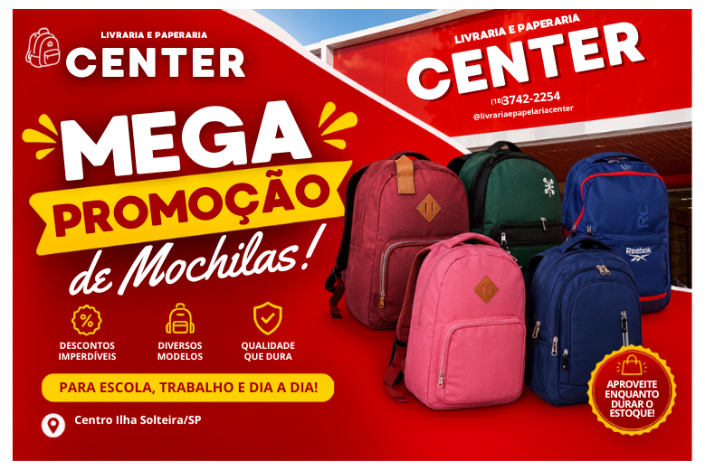 Mochilas em promoção na Center Papelaria